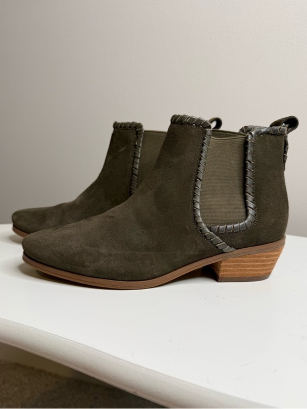Jack Rogers Olive Green Suede Chelsea Booties with Braided Trim